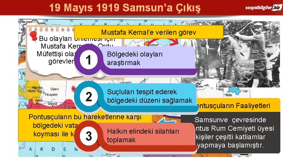 19 Mayıs 1919 Samsun’a Çıkış Mustafa Kemal’e verilen görev Bu olayları önlemesi için Mustafa