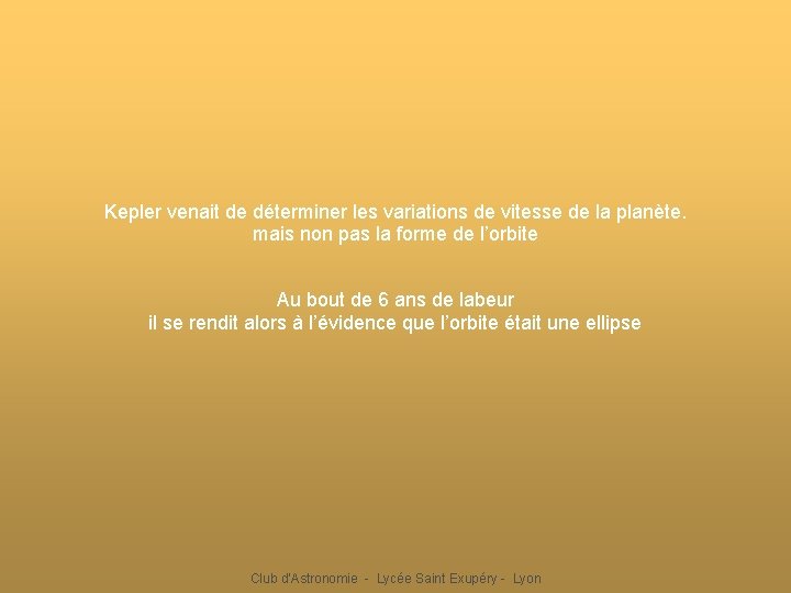 Kepler venait de déterminer les variations de vitesse de la planète. mais non pas