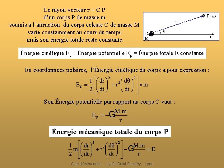 Le rayon vecteur r = C P d’un corps P de masse m soumis