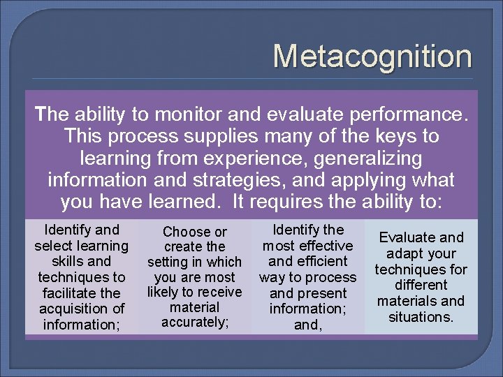 Metacognition The ability to monitor and evaluate performance. This process supplies many of the Metacognition The ability to monitor and evaluate performance. This process supplies many of the
