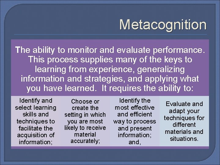 Metacognition The ability to monitor and evaluate performance. This process supplies many of the