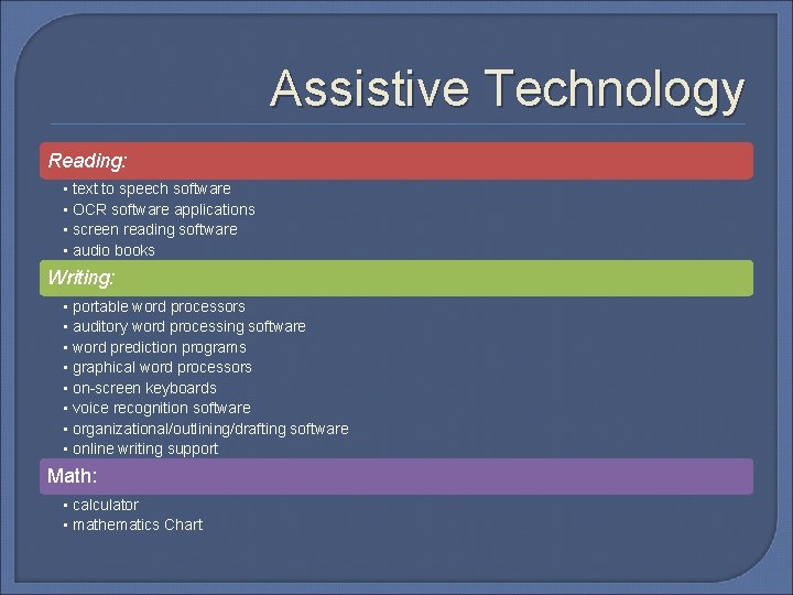 Assistive Technology Reading: • text to speech software • OCR software applications • screen