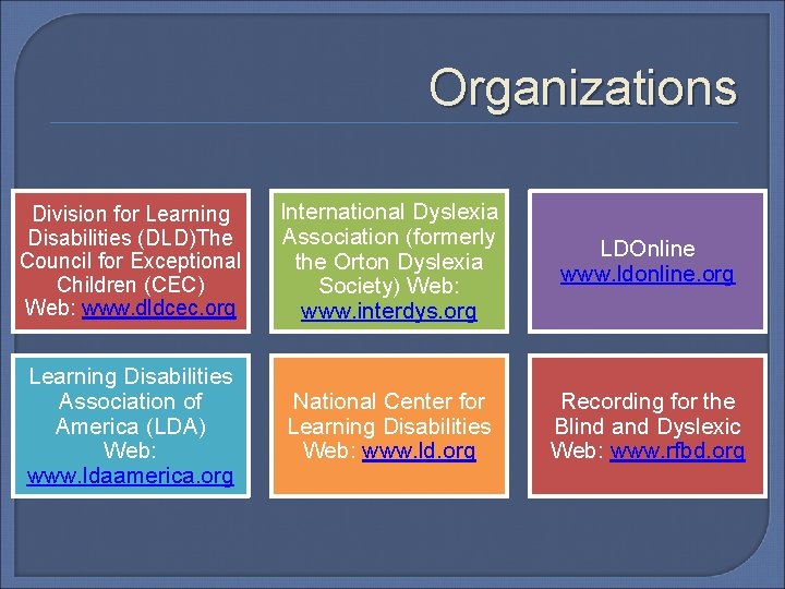 Organizations Division for Learning Disabilities (DLD)The Council for Exceptional Children (CEC) Web: www. dldcec. Organizations Division for Learning Disabilities (DLD)The Council for Exceptional Children (CEC) Web: www. dldcec.