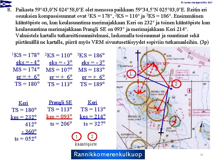 © Suomen Navigaatioliitto 2017 8. Paikasta 59° 43, 0’N 024° 58, 0’E olet menossa