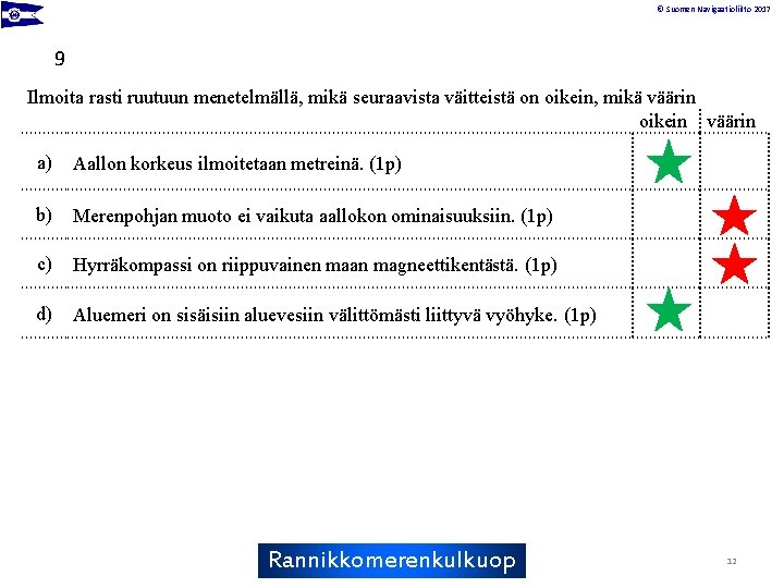 © Suomen Navigaatioliitto 2017 9 Ilmoita rasti ruutuun menetelmällä, mikä seuraavista väitteistä on oikein,