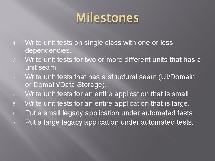 Milestones 1. 2. 3. 4. 5. 6. 7. Write unit tests on single class