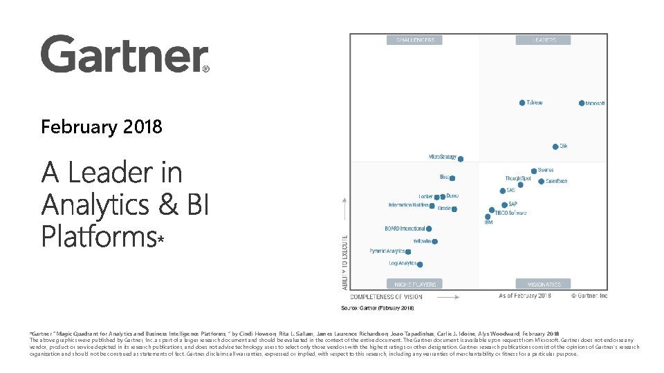 February 2018 *Gartner “Magic Quadrant for Analytics and Business Intelligence Platforms, ” by Cindi