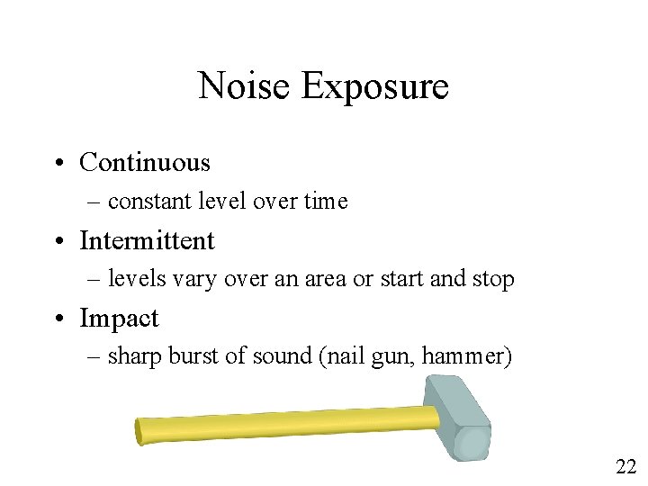 Noise Exposure • Continuous – constant level over time • Intermittent – levels vary