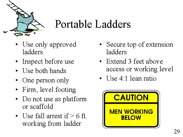 Portable Ladders • Use only approved ladders • Inspect before use • Use both