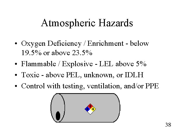 Atmospheric Hazards • Oxygen Deficiency / Enrichment - below 19. 5% or above 23.