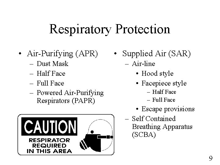 Respiratory Protection • Air-Purifying (APR) – – Dust Mask Half Face Full Face Powered