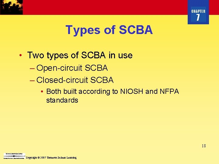 CHAPTER 7 Types of SCBA • Two types of SCBA in use – Open-circuit