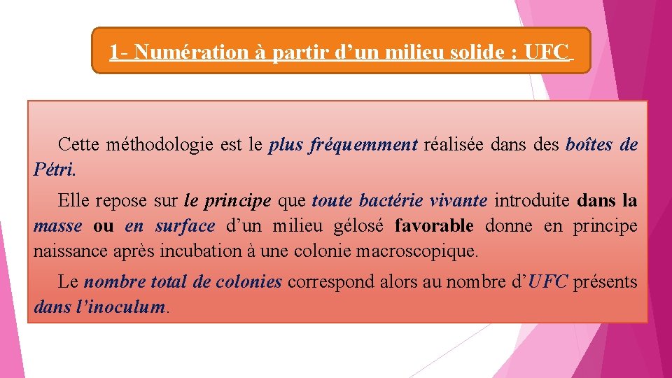 1 - Numération à partir d’un milieu solide : UFC Cette méthodologie est le