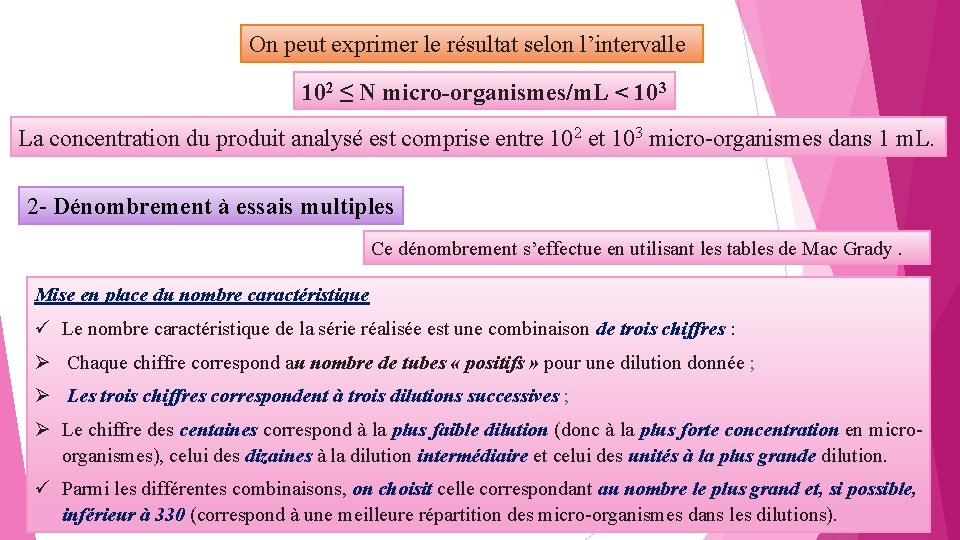 On peut exprimer le résultat selon l’intervalle 102 ≤ N micro-organismes/m. L < 103