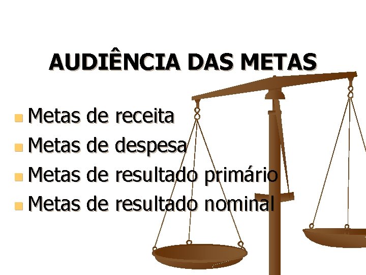 AUDIÊNCIA DAS METAS n Metas de receita n Metas de despesa n Metas de