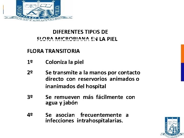 DIFERENTES TIPOS DE FLORA MICROBIANA EN LA PIEL FLORA TRANSITORIA 1º Coloniza la piel