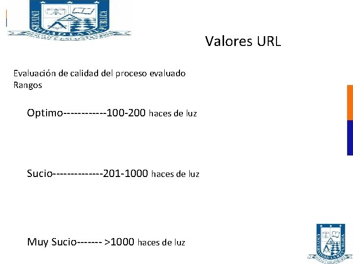 Valores URL Evaluación de calidad del proceso evaluado Rangos Optimo------100 -200 haces de luz