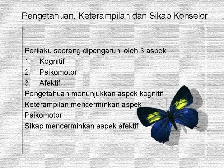 Pengetahuan, Keterampilan dan Sikap Konselor Perilaku seorang dipengaruhi oleh 3 aspek: 1. Kognitif 2.