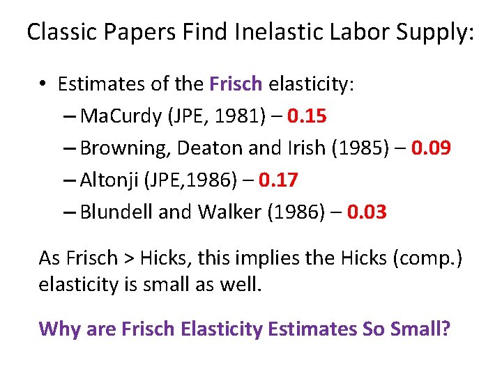 Classic Papers Find Inelastic Labor Supply: • Estimates of the Frisch elasticity: – Ma.