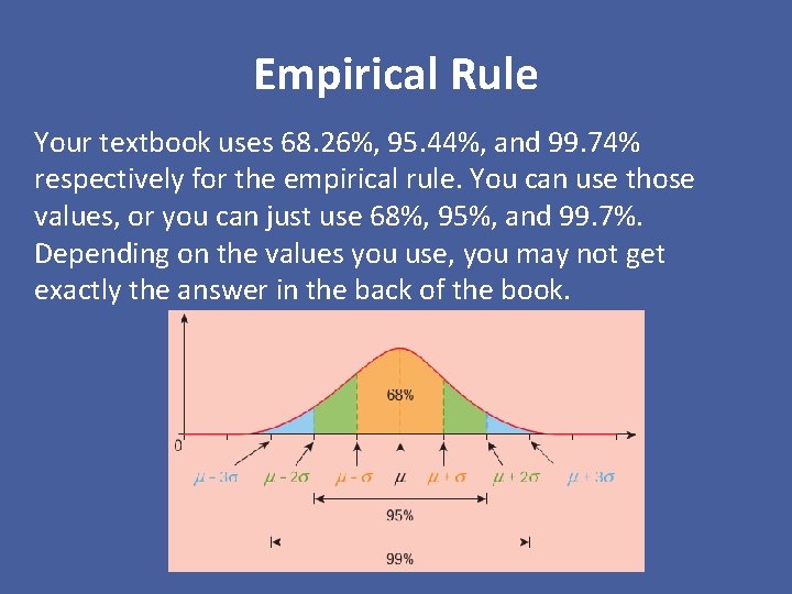 Empirical Rule Your textbook uses 68. 26%, 95. 44%, and 99. 74% respectively for