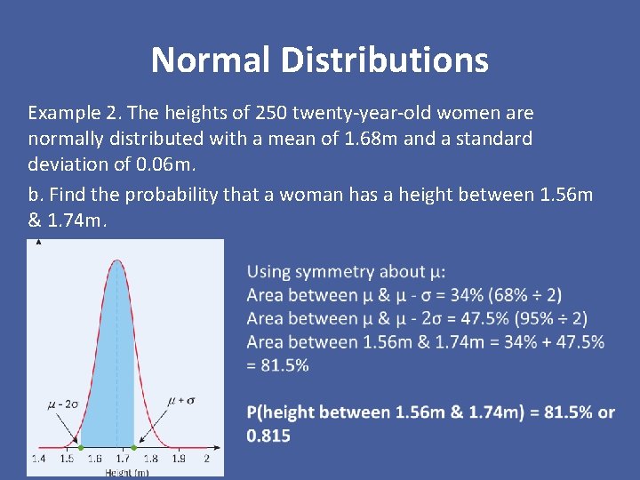 Normal Distributions Example 2. The heights of 250 twenty-year-old women are normally distributed with