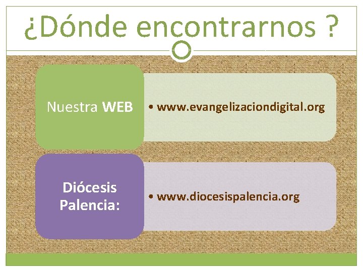 ¿Dónde encontrarnos ? Nuestra WEB • www. evangelizaciondigital. org Diócesis Palencia: • www. diocesispalencia.