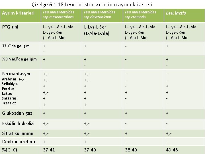 Çizelge 6. 1. 18 Leuconostoc türlerinin ayrım kriterleri Ayrım kriterleri Leu. mesenteroides ssp. mesenteroides