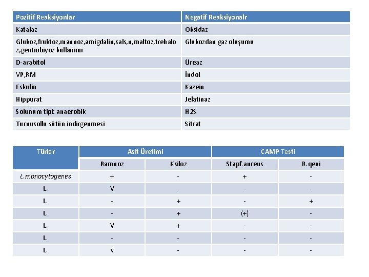 Pozitif Reaksiyonlar Negatif Reaksiyonalr Katalaz Oksidaz Glukoz, fruktoz, mannoz, amigdalin, sals, n, maltoz, trehalo