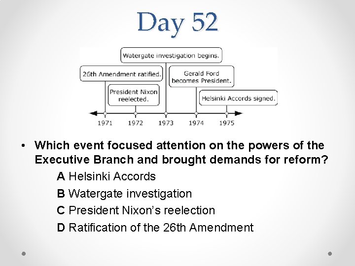 Day 52 • Which event focused attention on the powers of the Executive Branch