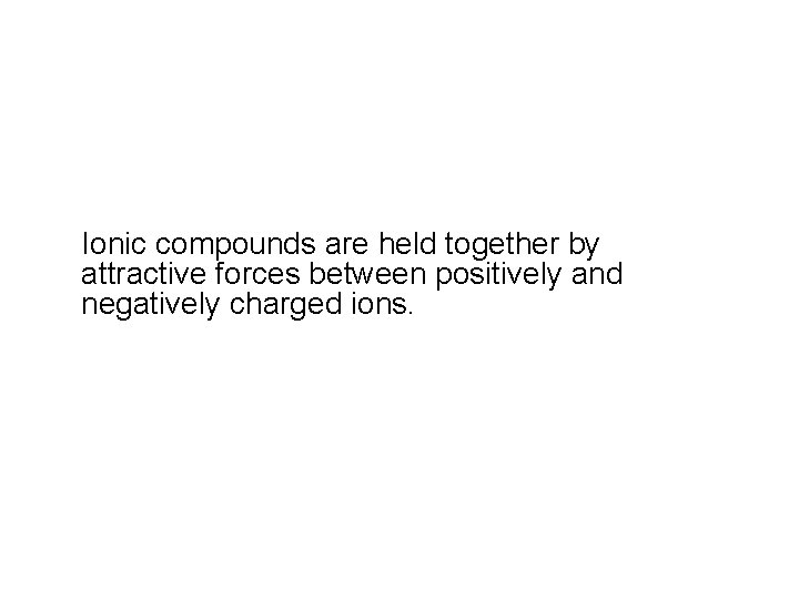 Ionic compounds are held together by attractive forces between positively and negatively charged ions.