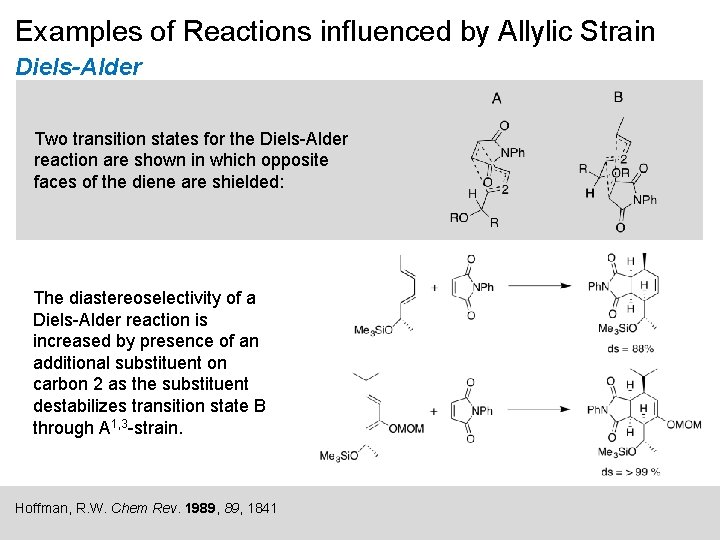 Examples of Reactions influenced by Allylic Strain Diels-Alder Two transition states for the Diels-Alder