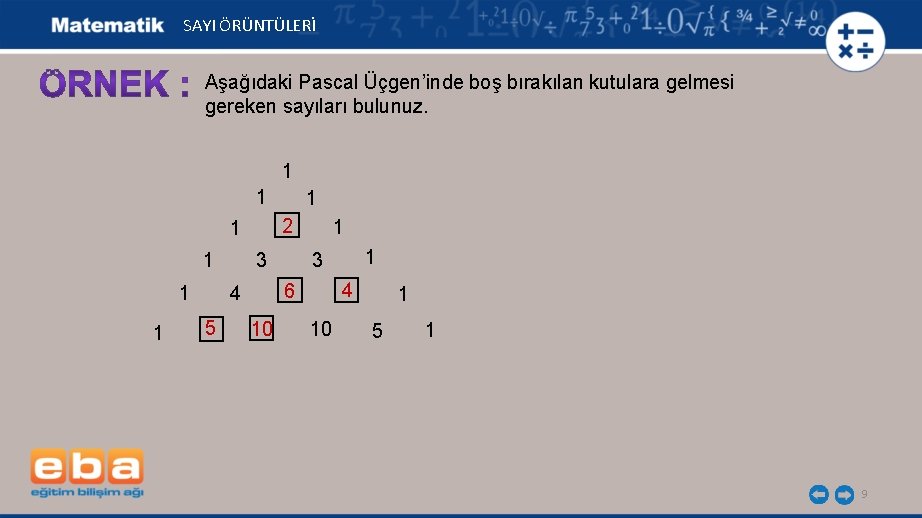 SAYI ÖRÜNTÜLERİ Aşağıdaki Pascal Üçgen’inde boş bırakılan kutulara gelmesi gereken sayıları bulunuz. 1 1