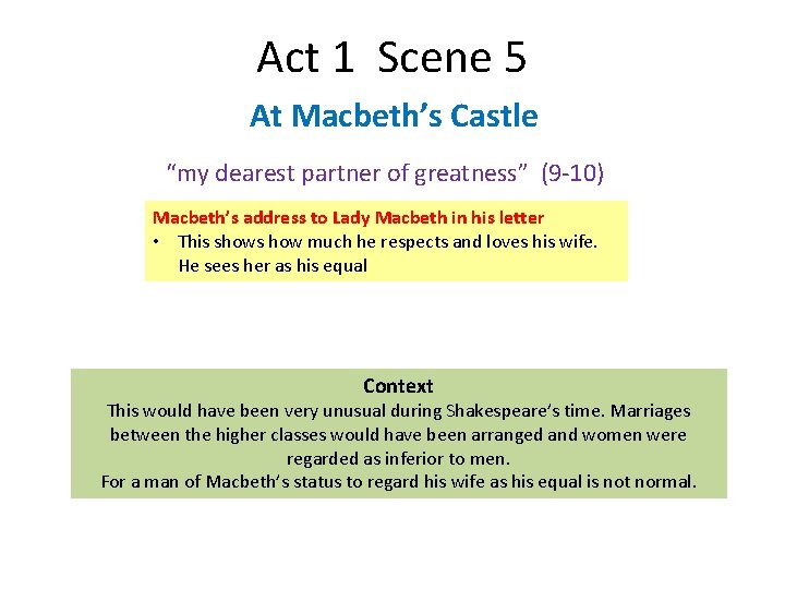 Act 1 Scene 5 At Macbeth’s Castle “my dearest partner of greatness” (9 -10)