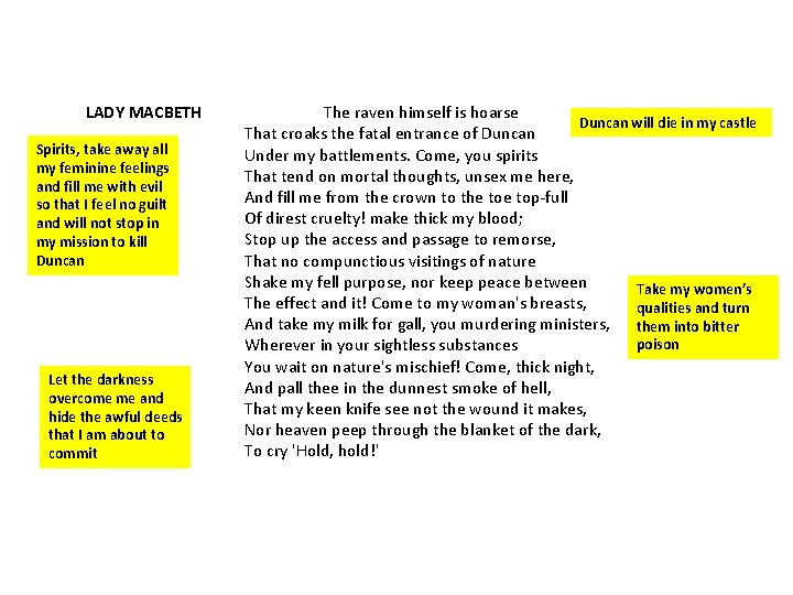 LADY MACBETH Spirits, take away all my feminine feelings and fill me with evil