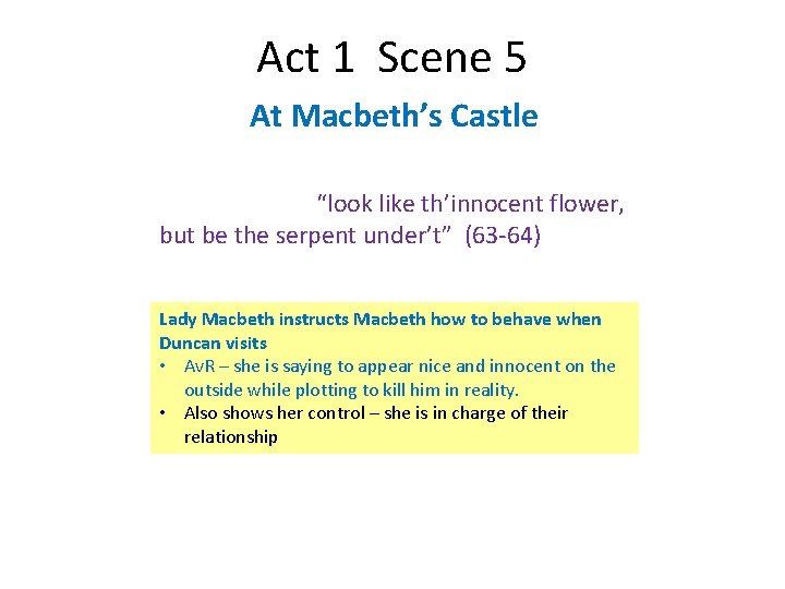 Act 1 Scene 5 At Macbeth’s Castle “look like th’innocent flower, but be the