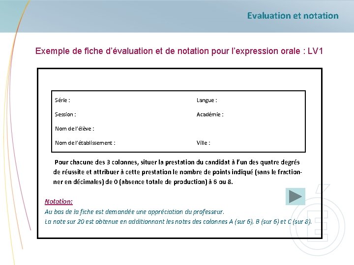 Evaluation et notation Exemple de fiche d’évaluation et de notation pour l’expression orale :