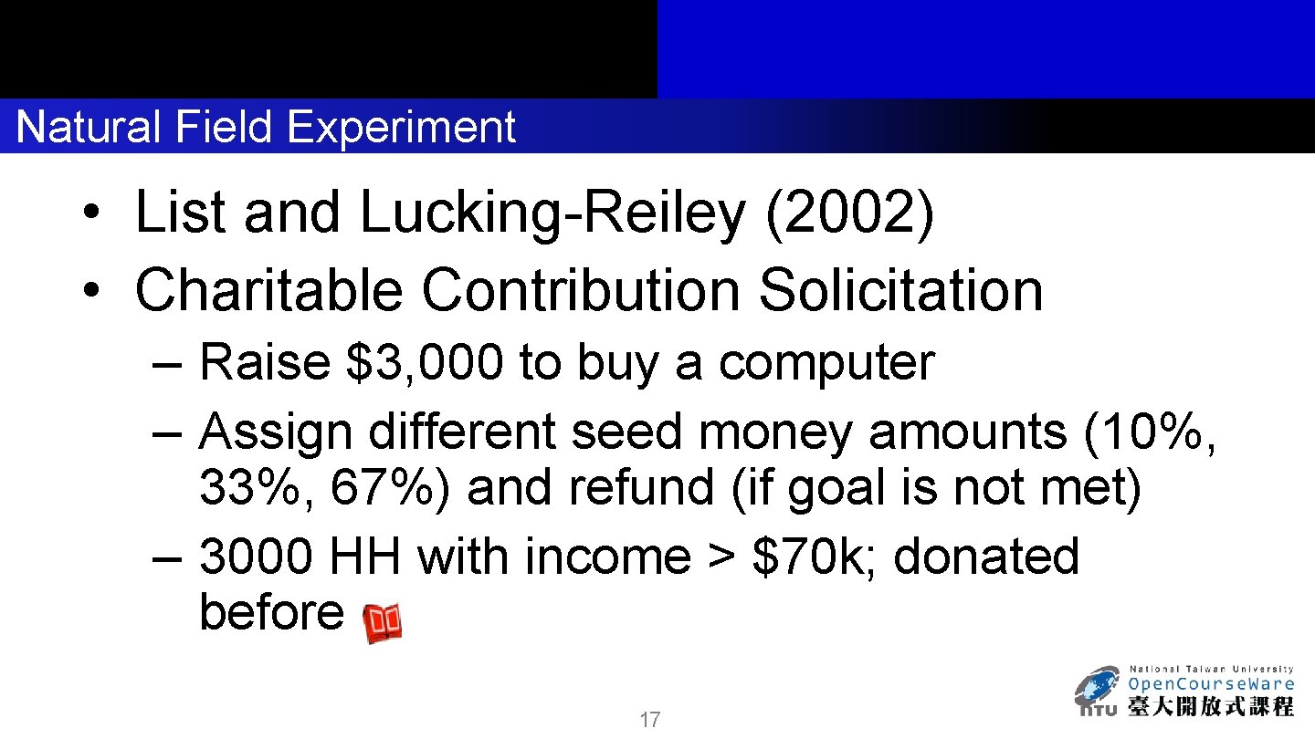 Natural Field Experiment • List and Lucking-Reiley (2002) • Charitable Contribution Solicitation – Raise