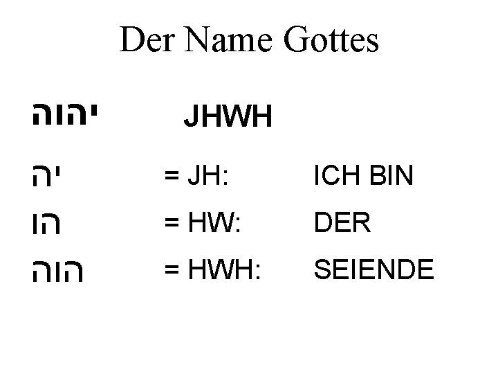 Der Name Gottes יהוה יה הוה JHWH = JH: ICH BIN = HW: DER Der Name Gottes יהוה יה הוה JHWH = JH: ICH BIN = HW: DER