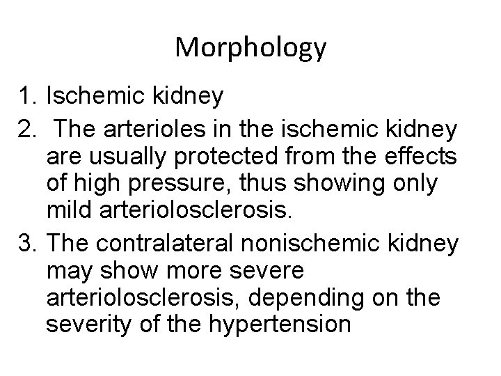 Morphology 1. Ischemic kidney 2. The arterioles in the ischemic kidney are usually protected Morphology 1. Ischemic kidney 2. The arterioles in the ischemic kidney are usually protected