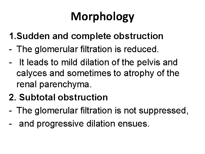 Morphology 1. Sudden and complete obstruction - The glomerular filtration is reduced. - It Morphology 1. Sudden and complete obstruction - The glomerular filtration is reduced. - It