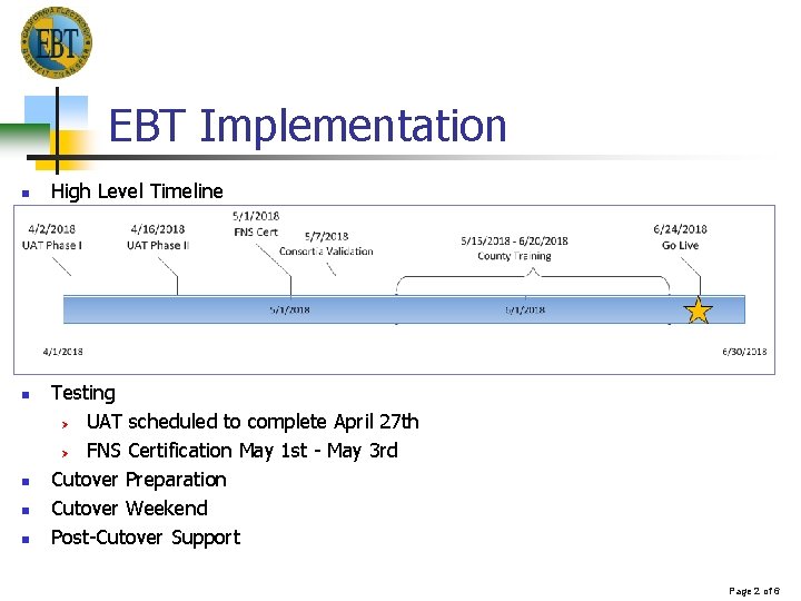 EBT Implementation n n High Level Timeline Testing Ø UAT scheduled to complete April