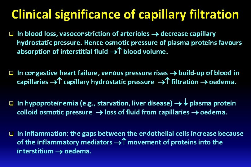 Clinical significance of capillary filtration q In blood loss, vasoconstriction of arterioles decrease capillary