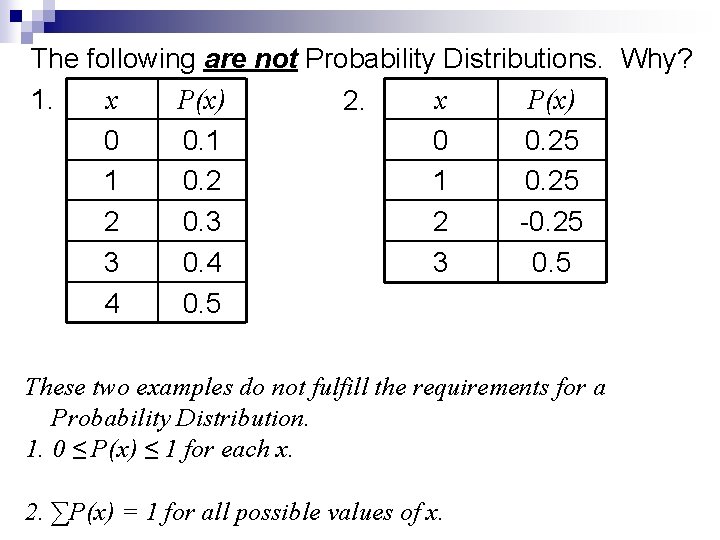 The following are not Probability Distributions. Why? x P(x) 1. 2. 0 0. 25