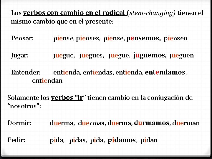 Los verbos con cambio en el radical (stem-changing) tienen el mismo cambio que en