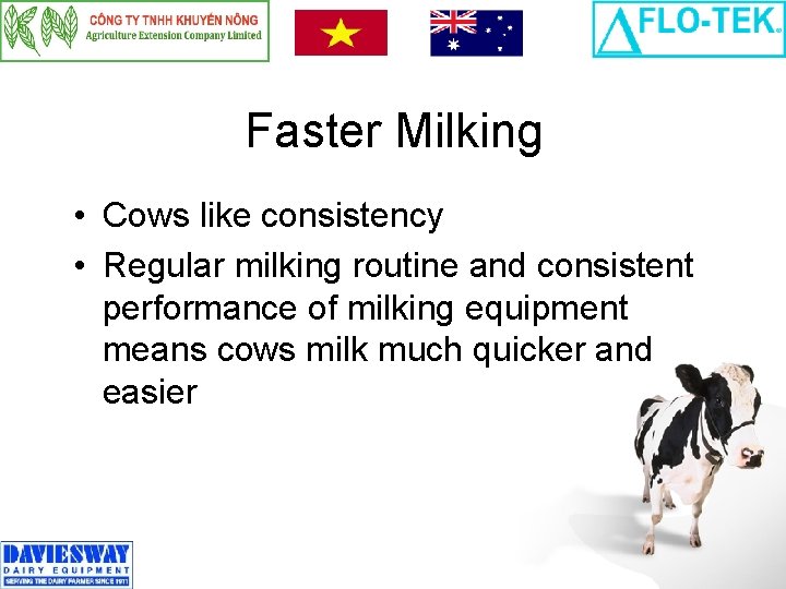 Faster Milking • Cows like consistency • Regular milking routine and consistent performance of