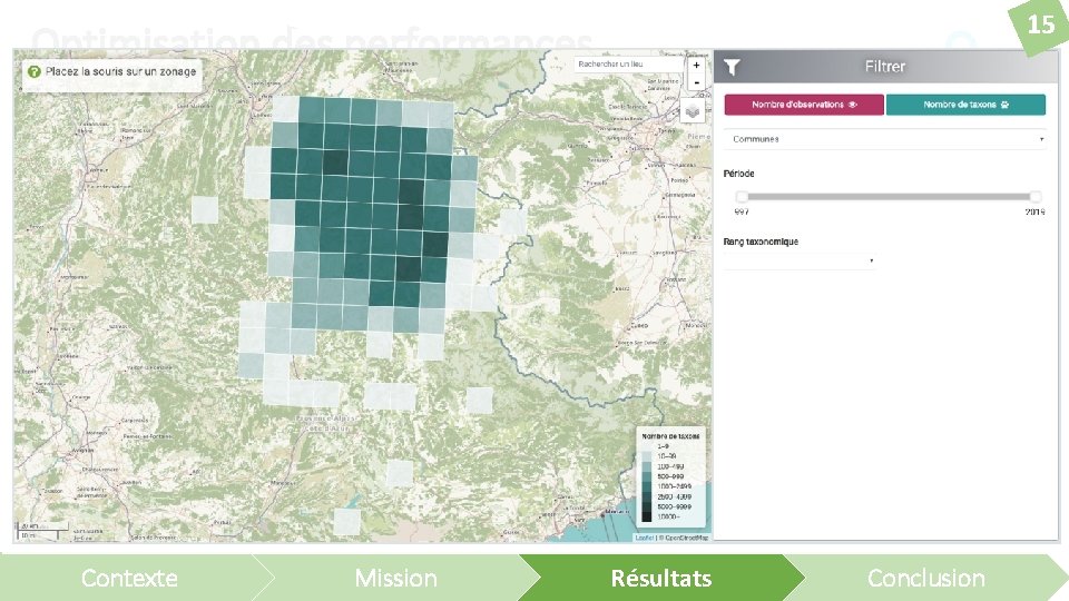 15 Optimisation des performances Front-end API RES T /dashboard (Geo)JSON Back-end Contexte Mission Résultats