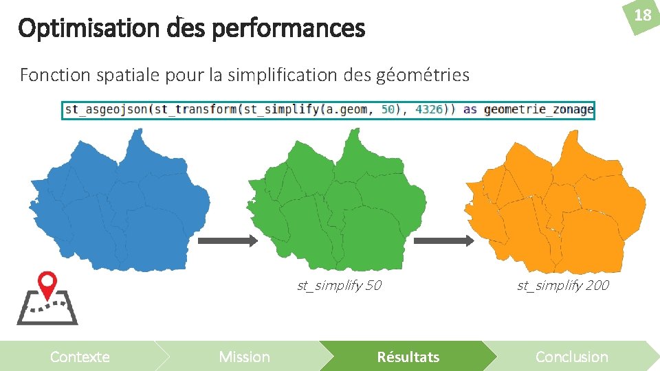 18 Optimisation des performances Fonction spatiale pour la simplification des géométries st_simplify 50 Contexte
