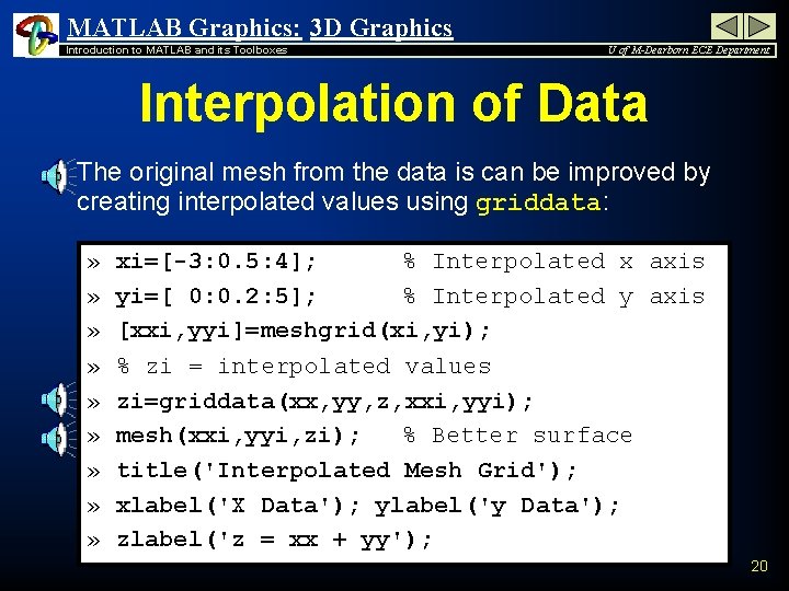 MATLAB Graphics: 3 D Graphics Introduction to MATLAB and its Toolboxes U of M-Dearborn