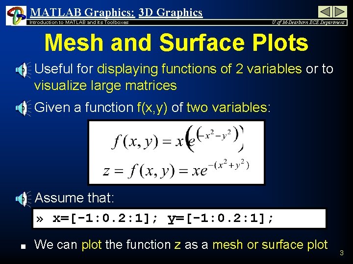 MATLAB Graphics: 3 D Graphics Introduction to MATLAB and its Toolboxes U of M-Dearborn