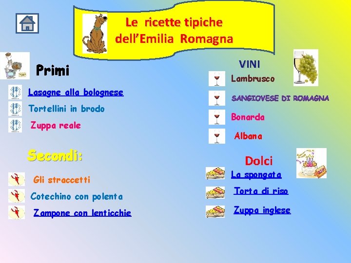 Le ricette tipiche dell’Emilia Romagna Primi VINI Lambrusco Lasagne alla bolognese Tortellini in brodo